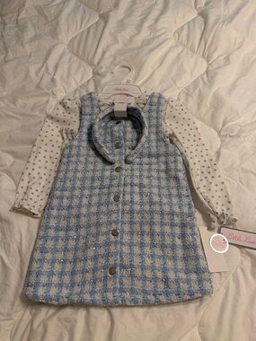Little Lass Blue & White Tweed Dress Set with Heart Dot Top with headband new